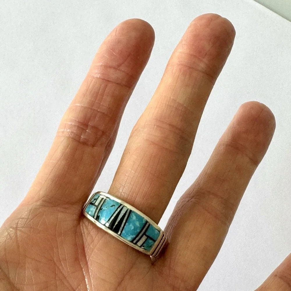Mens Navajo Wedding Band Sz 12.5 Turquoise Opal Inlay 9mm‎ Ring Signed Tolino